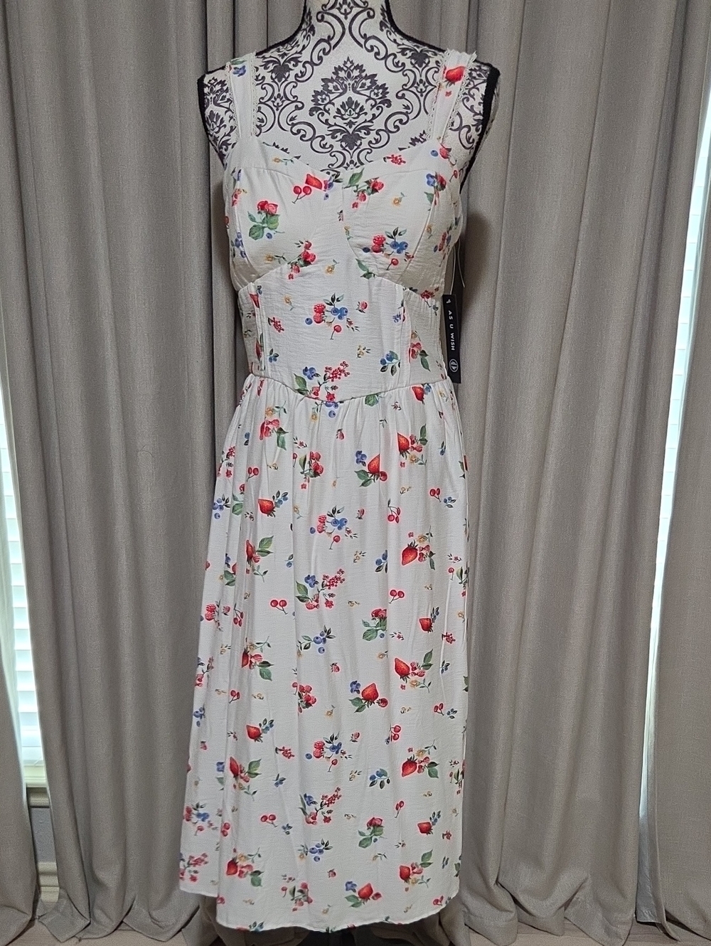 As U Wish White Midi Dress with Red & Blue Floral Print
